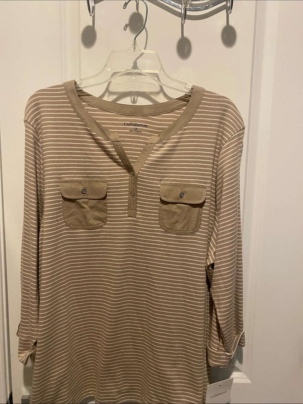 Croft & Barrow Taupe and Cream Striped Henley with Patch Pockets